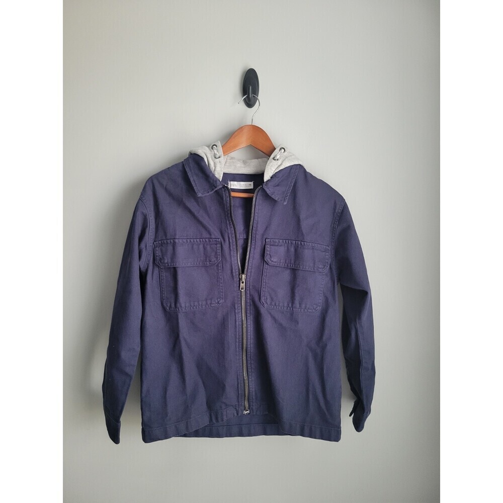 Zara Kids Unisex Blue Twill Hooded Jacket Size 10/12